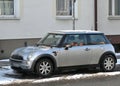 Old classic veteran small compact car Mini Cooper second generation parked