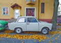 Old little plastic scrap car Trabant 601 sedan parked Royalty Free Stock Photo