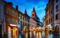 Old Ljubljana cityscape cobbled Ciril-Metodov street evening view. Ljubljana capital of Slovenia