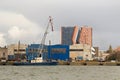 Old loading ship with jib crane near the Klaipeda Sea Port, Lithuania. Royalty Free Stock Photo