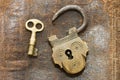 The old lock and key on a leather background Royalty Free Stock Photo