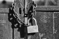 Old lock. Padlock on rusty metal gate Royalty Free Stock Photo