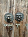 Old lock and rusted keyhole bronze on aged wooden door Royalty Free Stock Photo