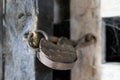Retro padlock on a wooden door Royalty Free Stock Photo