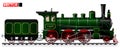 An old locomotive of green color with a steam engine and a tender. Side view. Traced details and mechanisms. Royalty Free Stock Photo