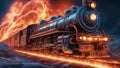 old locomotive in motion train driving through fire and ice, with lightning sinister holographic astral cosmic