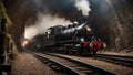 old locomotive A steam train that has been repaired and upgraded in a secret tunnel. The train is a modern and powerful Royalty Free Stock Photo