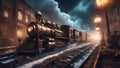 old locomotive steampunk train. billowing smoke. traveling a futuristic, dystopian wasteland.