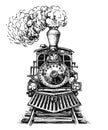 Old locomotive or train on railway. Retro transport. Hand drawn sketch vector illustration in vintage engraving style Royalty Free Stock Photo