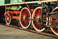 Old locomotive wheels in railway museum. Brest. Belarus