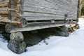 An old log building built on top of stones