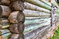 Old log cabin house, wood wall pattern close-up. Vintage wooden home exterior Royalty Free Stock Photo