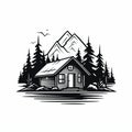 Monochromatic Graphic Design: Illustration Of An Old Cabin On The Lake