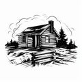Bold Black And White Cabin Illustration: Classic Tattoo Motifs And Clean Vector Art