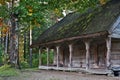 Old log cabin in the wooded forest of evergreen trees Royalty Free Stock Photo