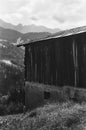 Old log huts for animal shelters with the Swiss Alps in the background, shot with with analogue photography technique