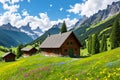 an old log stable on the meadow.