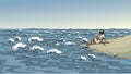 Vector drawing. A man on the shore after a shipwreck