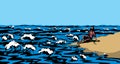 Vector drawing. A man on the shore after a shipwreck Royalty Free Stock Photo