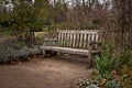Old lone wooden bench at park on cold autumn evening