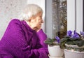 Old lonely woman sitting near the window in his house. Royalty Free Stock Photo