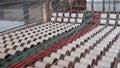Old loom, spinning machine, rows of white and colored cotton threads Royalty Free Stock Photo
