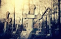 Old lop-sided sepulchral crosses at the cemetery in the evening Royalty Free Stock Photo