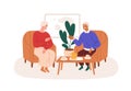 Old love couple relaxing with tea. Happy man and woman of senior age resting at home, talking. Elderly wife and older