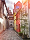 Old Lubeck street view. Small trees growing in pots. Royalty Free Stock Photo