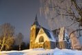 Lutheran church on a winter night. Melnikovo, Leningrad region. Russia Royalty Free Stock Photo