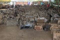 Old machine parts in second hand machinery shop. Old engine parts. Old machine industry background. Metal instrumental junks for r