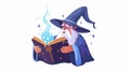 Old mage reading magic fantasy book. Fantasy flat modern illustration with illustration of mystic man, fairytale wizard Royalty Free Stock Photo