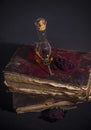 Old magic books and a vial with mysterious liquid