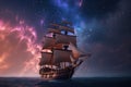 Old magic frigate flying on colorful cumulonimbus clouds. Ship in the ocean with stardust and fantasy sky. Generative AI