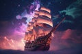 Old magic frigate flying on colorful cumulonimbus clouds. Ship in the ocean with stardust and fantasy sky. Generative AI