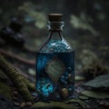 Old magic potion in a glass bottle on a dark forest background. Generative AI Royalty Free Stock Photo