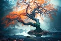 Old magic tree with big branches and orange leaves in blue fog. Royalty Free Stock Photo