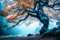 Old magic tree with big branches and orange leaves in blue fog. Royalty Free Stock Photo