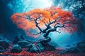 Old magic tree with big branches and orange leaves in blue fog. Royalty Free Stock Photo