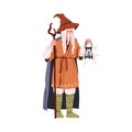 Old magician character. Ancient wizard, wise mage in hat with staff and lantern in hands. Senior magic sorcerer, man