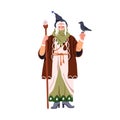 Old magician, mage holding staff and raven bird. Bearded wizard character in witch hat. Magic sorcerer, fairytale man