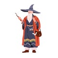 Old magician with magic wand. Fairy fantasy wizard, senior mage, warlock. Bearded sorcerer character, wise elderly man Royalty Free Stock Photo