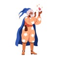 Old magician, wizard with magic crystal, gem stone. Fairy character, mage in hat and cloak, mantle. Sorcerer with