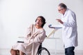 Old male doctor psychiatrist and patient in wheel-chair