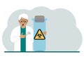 A old male doctor or scientist is holding a test tube with a biohazard or virus warning label on it. Biological hazard.