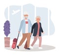 Old male and female in international airport concept and vector illustration on white background. Older people with