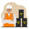 A old male specialist next to black barrels with an image warning about the toxicity of waste. Radiation.