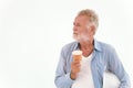 Old man American Caucasian worker hand holding paper coffee cup wearing casual relax clothes Royalty Free Stock Photo