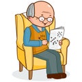 Old man in an armchair solving a crossword puzzle. Vector illustration