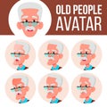 Old Man Avatar Set Vector. Face Emotions. Senior Person Portrait. Elderly People. Aged. Friendly. Positive Person